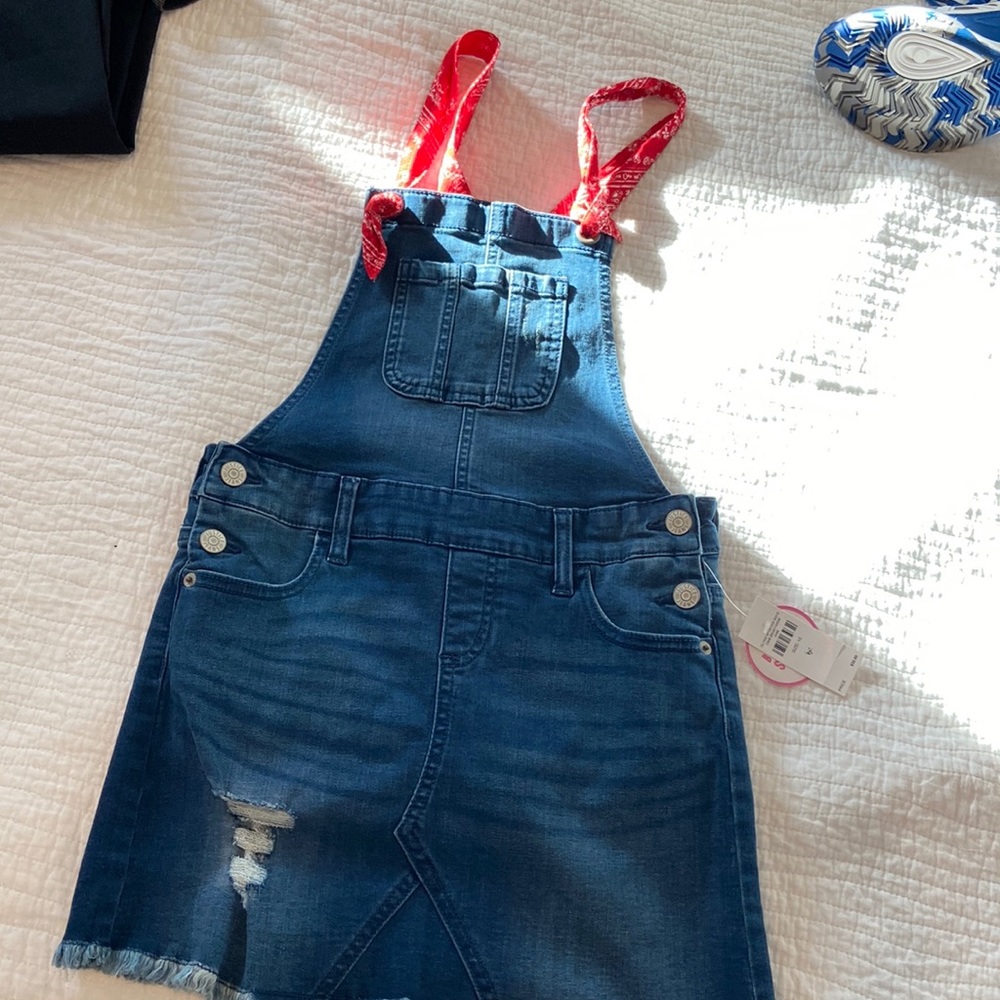 Brand new justice denim skirt overall with red bandana straps girls size 10